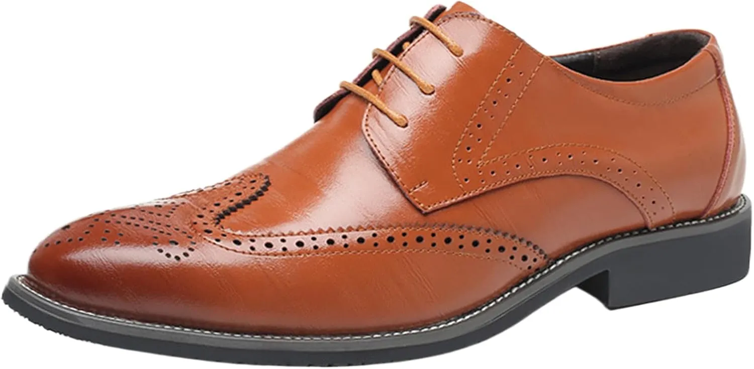 Mens Leather Oxfords Vintage Brogue Wingtip Fashion Lace Up Dress Shoes Business Casual Work Shoes