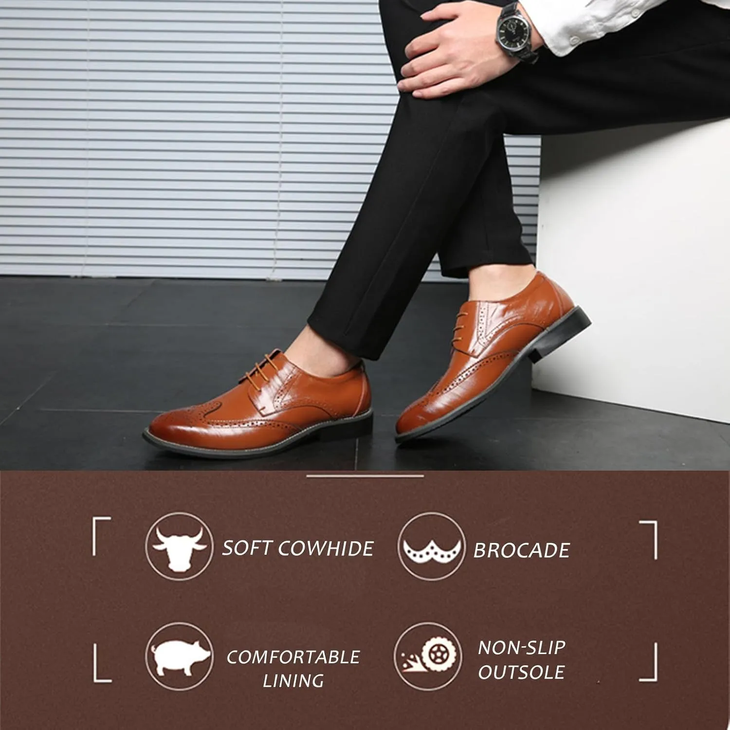 Mens Leather Oxfords Vintage Brogue Wingtip Fashion Lace Up Dress Shoes Business Casual Work Shoes