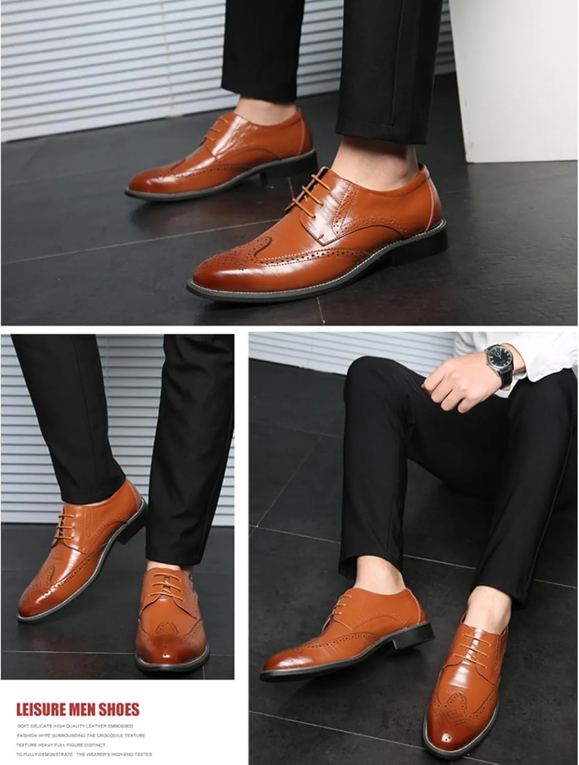 Mens Leather Oxfords Vintage Brogue Wingtip Fashion Lace Up Dress Shoes Business Casual Work Shoes
