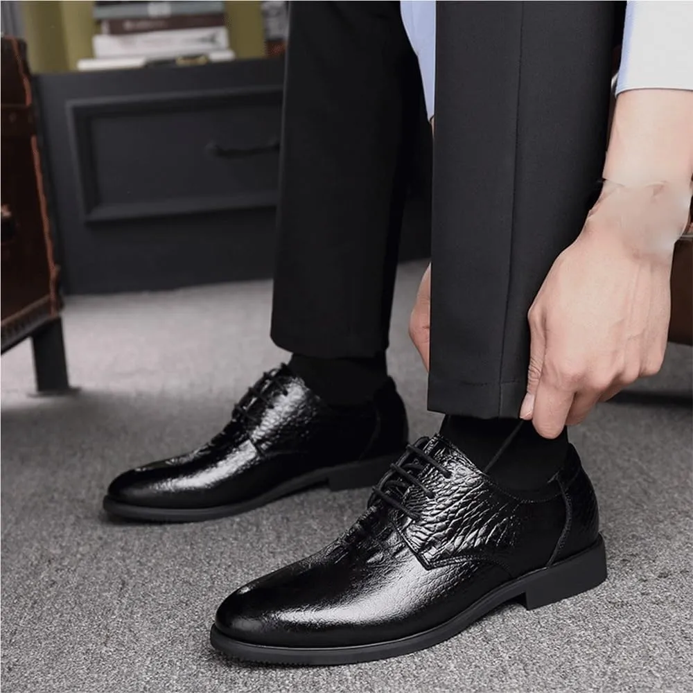 Mens Orthopedic Dress Shoes Crocodile Print PU Leather Lace Up Formal Prom Comfort Non Slip Rubber Sole Block Heel Low Top