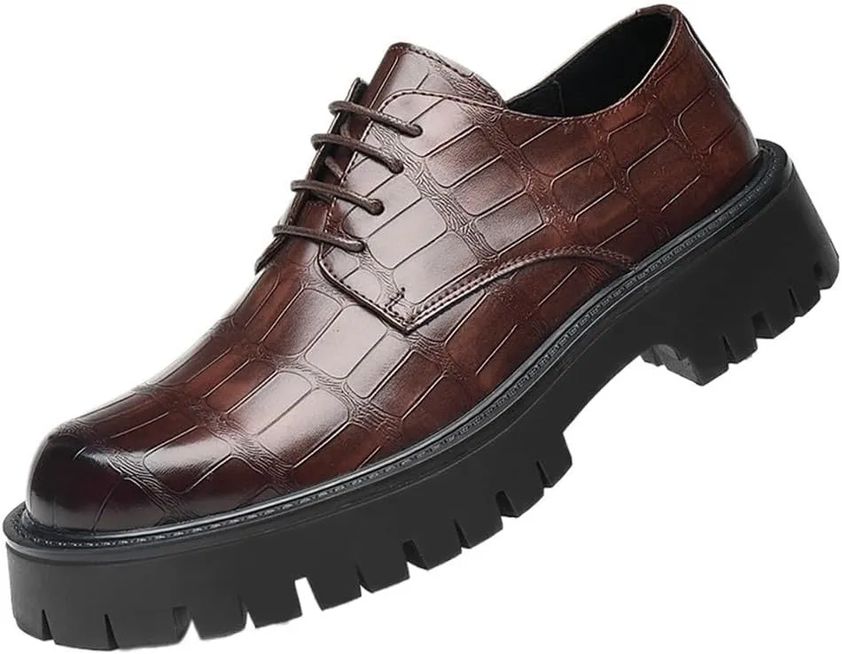 Mens Oxford Dress Shoes Casual Comfort Orthopedic Soft Leather Lace Up Retro Platform Thick Outsole Chunky Heel Outdoor