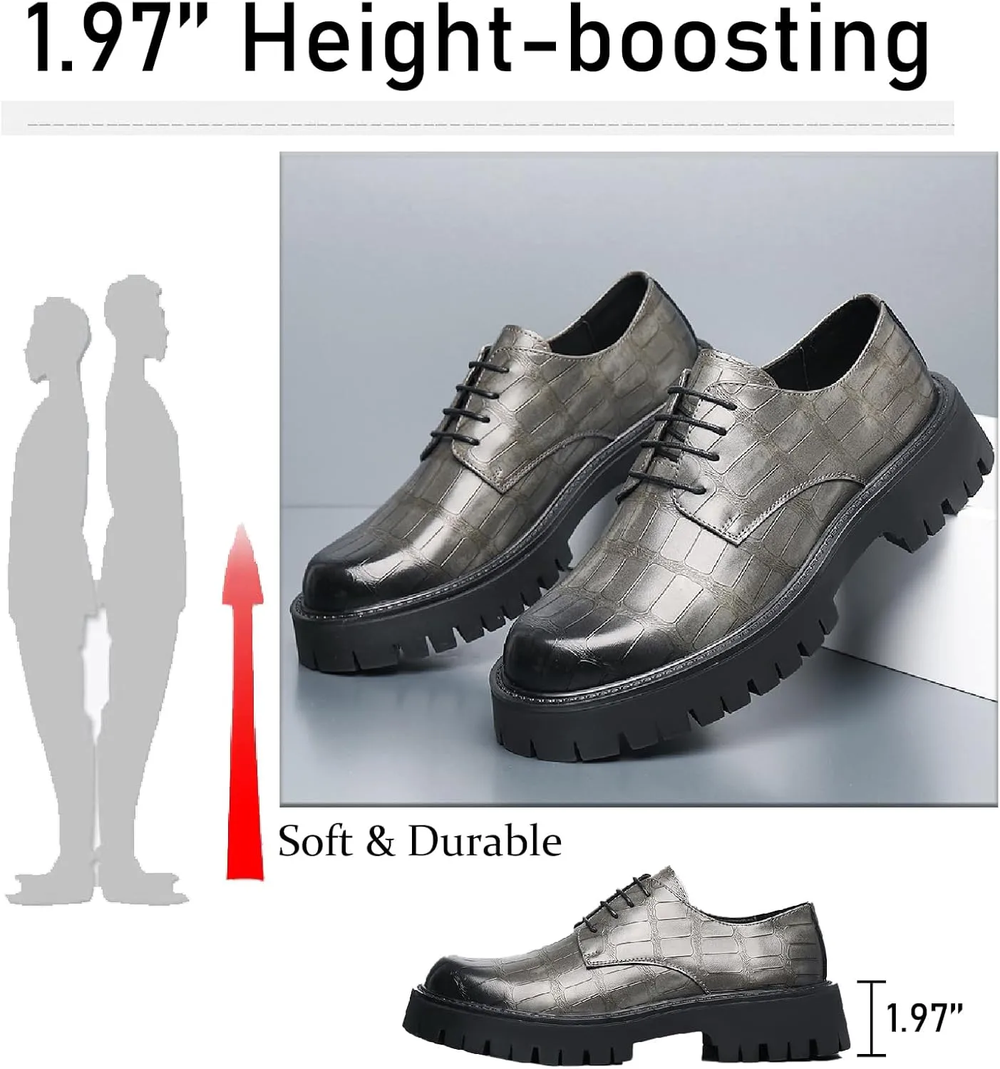 Men's Printed Leather Platform Oxford Dress Shoes Classic Lace Up Anti-Slip Lug Sole Block Heel Formal Oxfords for Wedding Office Business