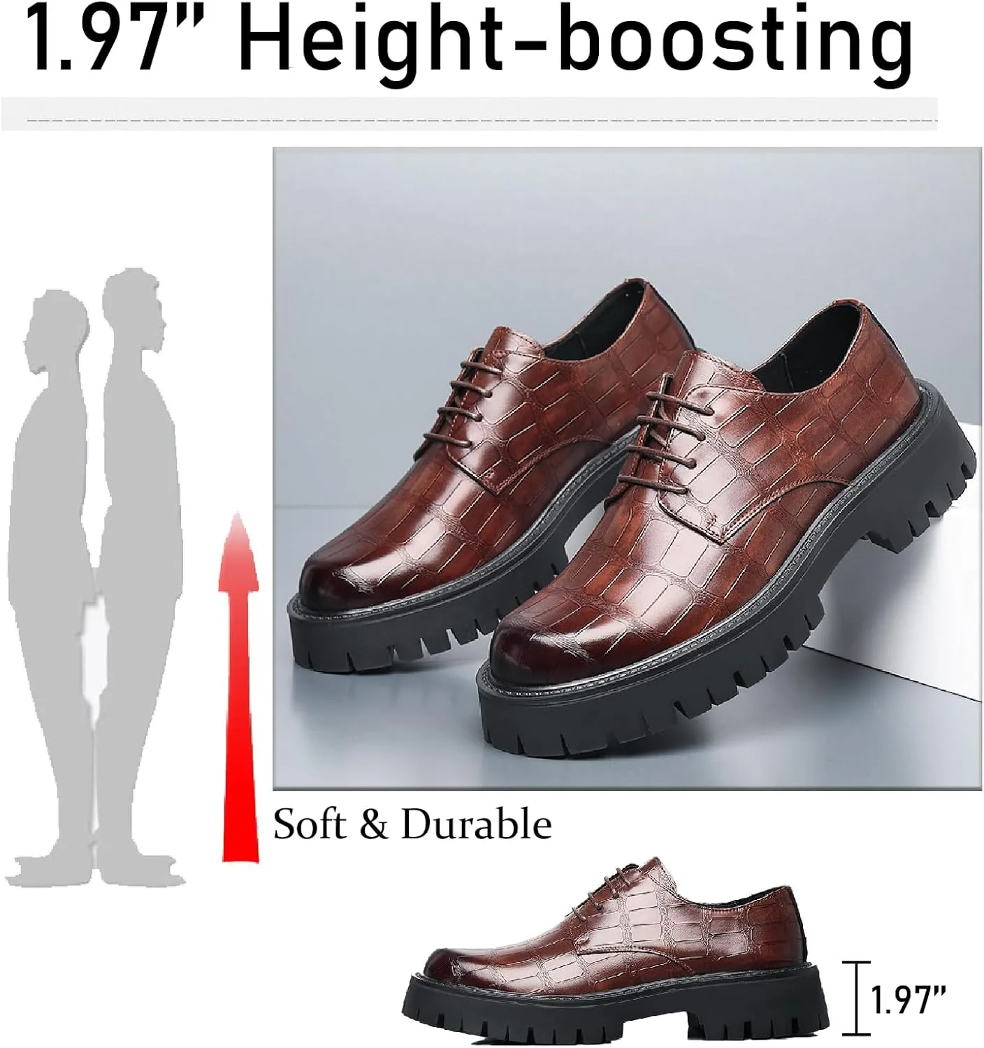 Men's Printed Leather Platform Oxford Dress Shoes Classic Lace Up Anti-Slip Lug Sole Block Heel Formal Oxfords for Wedding Office Business