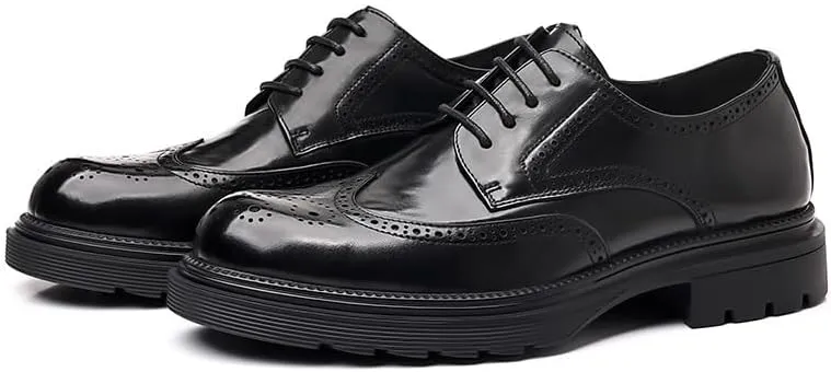 Mens Round Toe Brogue Dress Shoes Genuine Leather Thick Sole British Style Business Formal Oxford