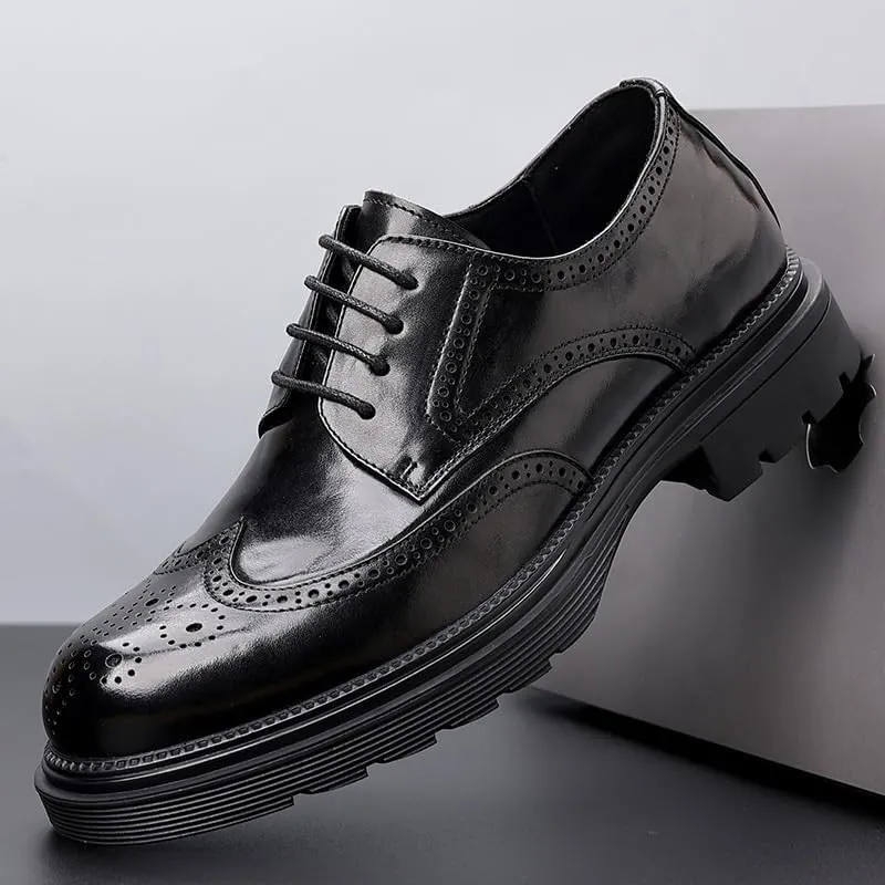 Mens Round Toe Brogue Dress Shoes Genuine Leather Thick Sole British Style Business Formal Oxford
