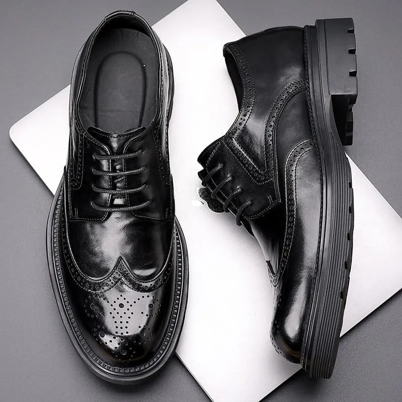 Mens Round Toe Brogue Dress Shoes Genuine Leather Thick Sole British Style Business Formal Oxford