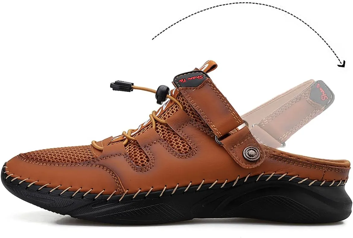 Mens Sandals with Arch Support Plantar Fasciitis Slip On Sport Slides Comfy Leather Shoes Outdoor Indoor Adjustable Straps