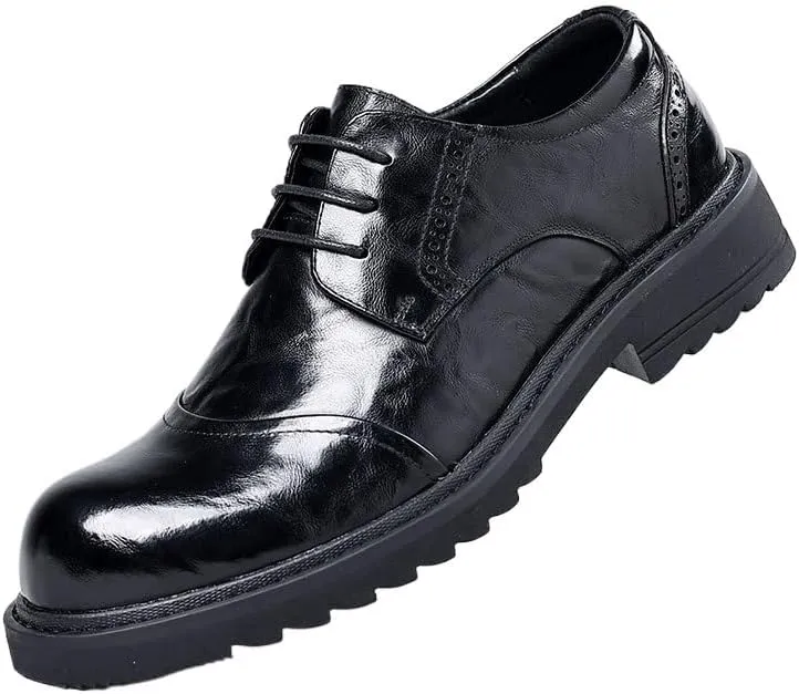 Mens Thick Sole Derby Dress Shoes Round Toe Top Grain Genuine Leather British Style Business Casual Oxford Shoes