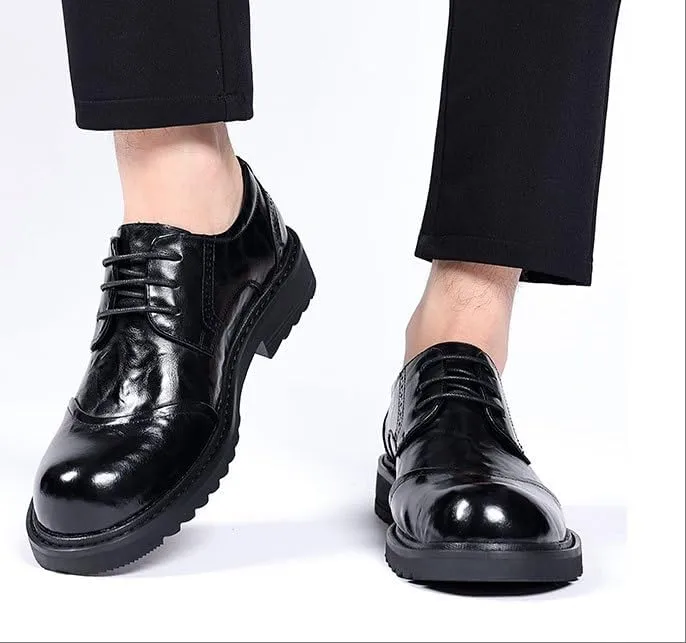 Mens Thick Sole Derby Dress Shoes Round Toe Top Grain Genuine Leather British Style Business Casual Oxford Shoes