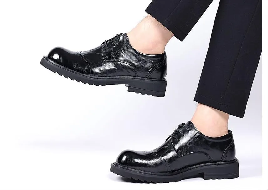 Mens Thick Sole Derby Dress Shoes Round Toe Top Grain Genuine Leather British Style Business Casual Oxford Shoes