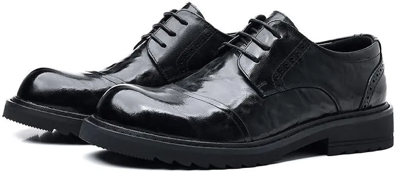 Mens Thick Sole Derby Dress Shoes Round Toe Top Grain Genuine Leather British Style Business Casual Oxford Shoes