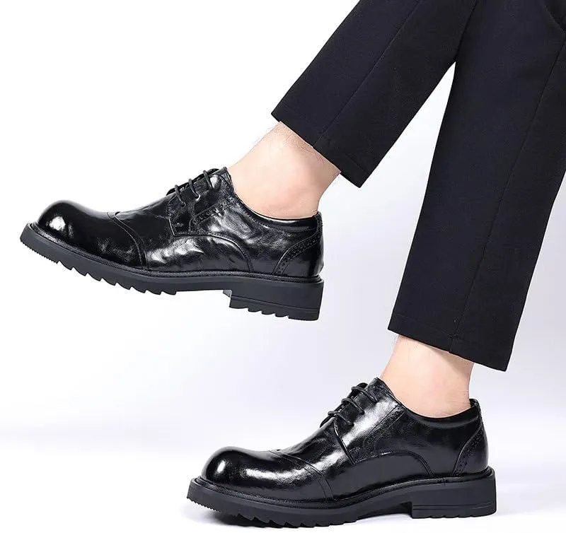 Mens Thick Sole Derby Dress Shoes Round Toe Top Grain Genuine Leather British Style Business Casual Oxford Shoes