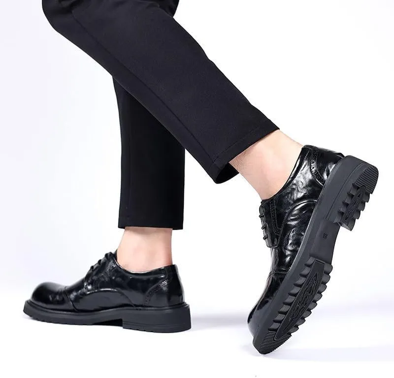 Mens Thick Sole Derby Dress Shoes Round Toe Top Grain Genuine Leather British Style Business Casual Oxford Shoes