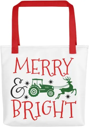 Merry and Bright Christmas Tote Bag Purse Shoulder Bag - Santa's Rudolph the Red Nose Reindeer pulling a Green Farm Tractor, Red Handles