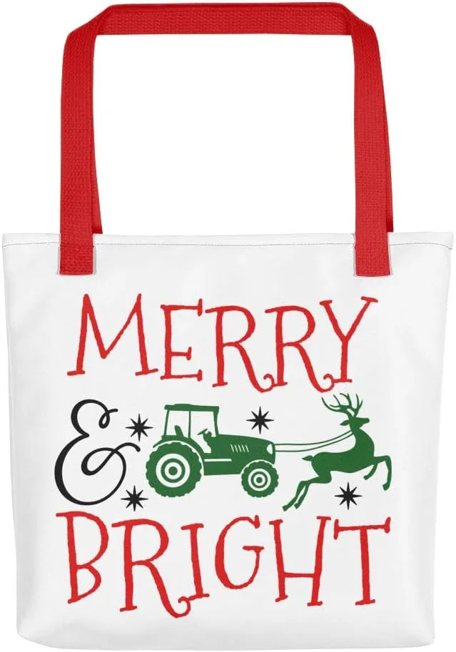 Merry and Bright Christmas Tote Bag Purse Shoulder Bag - Santa's Rudolph the Red Nose Reindeer pulling a Green Farm Tractor, Red Handles