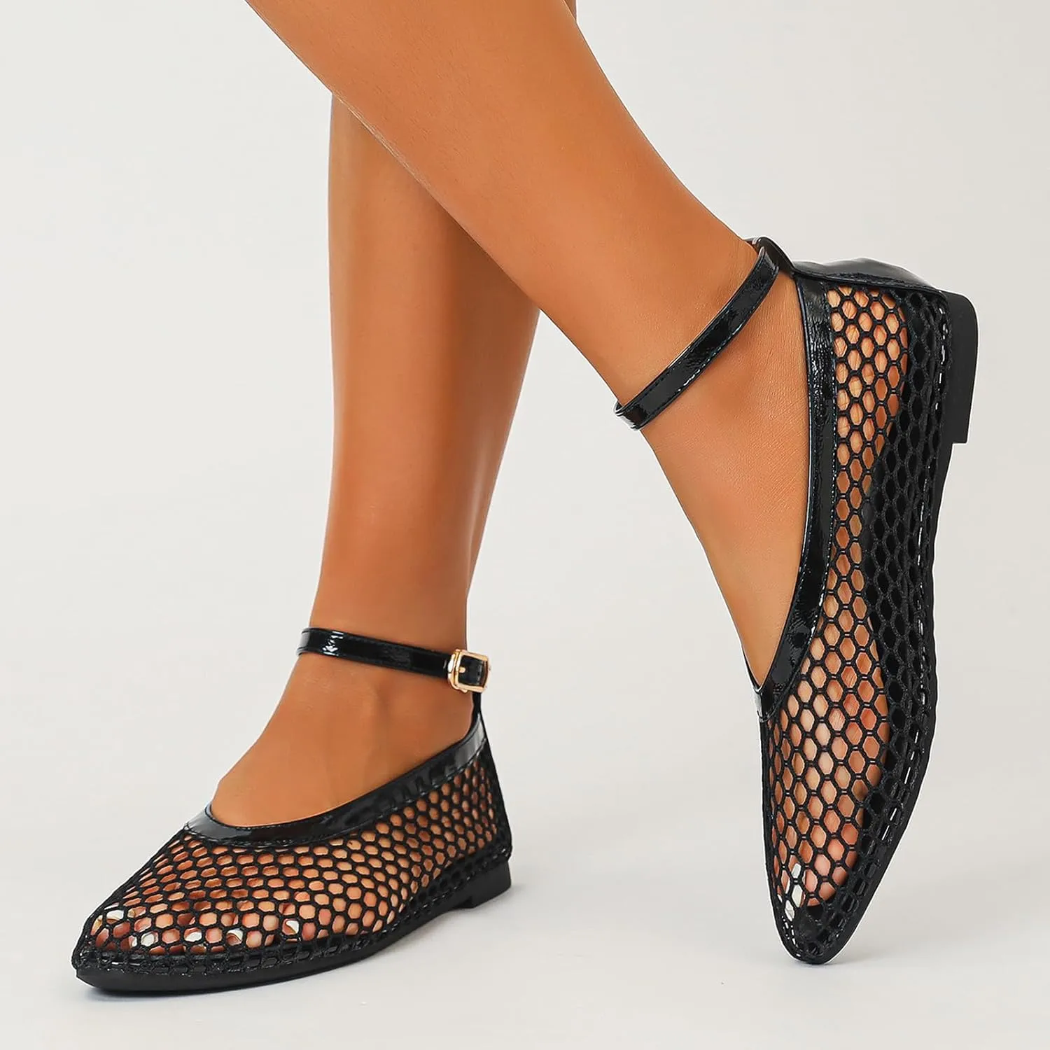 Mesh Ballet Flats for Women Round Toe Ankle Strap Comfy Casual Fishnet Mary Jane Flats Womens Summer Shoes