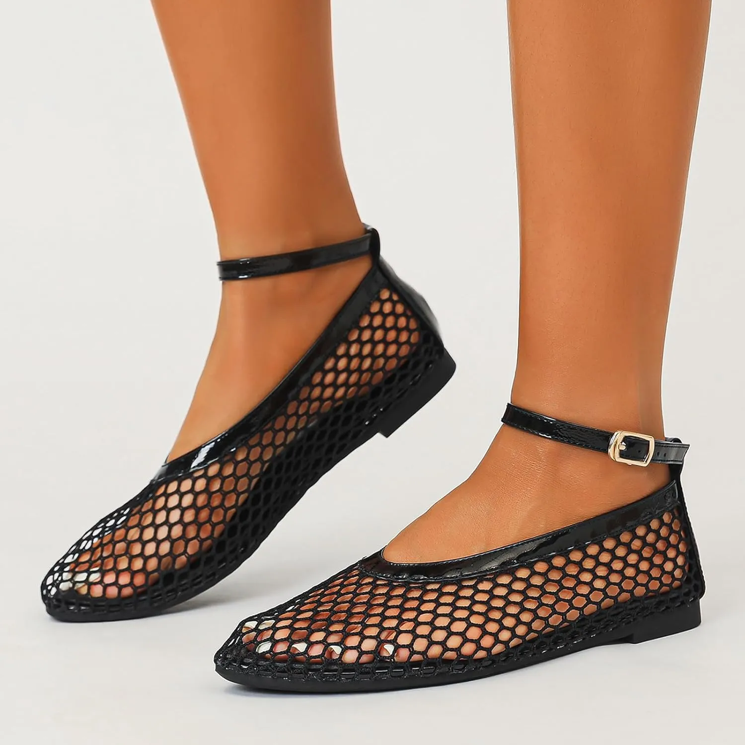 Mesh Ballet Flats for Women Round Toe Ankle Strap Comfy Casual Fishnet Mary Jane Flats Womens Summer Shoes