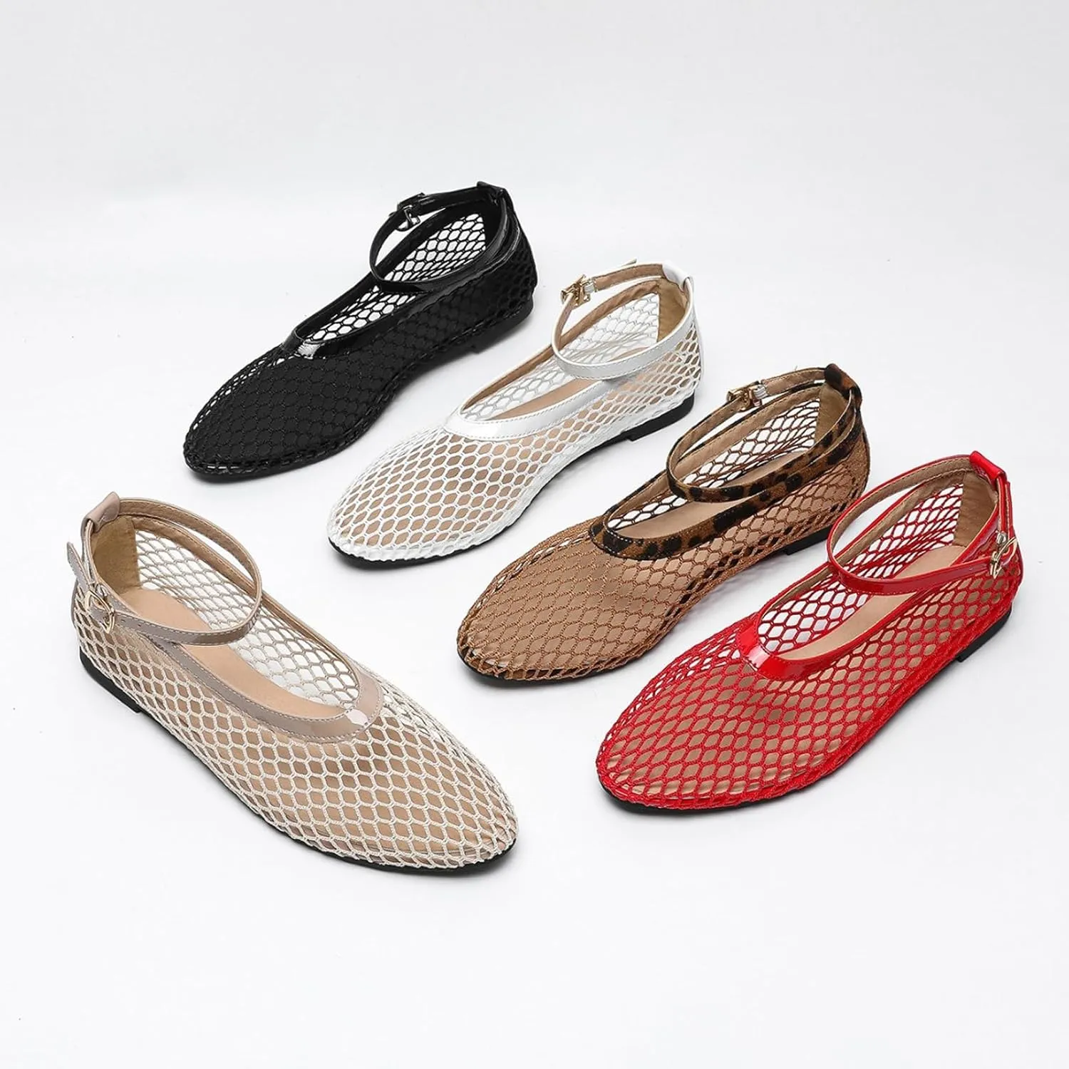 Mesh Ballet Flats for Women Round Toe Ankle Strap Comfy Casual Fishnet Mary Jane Flats Womens Summer Shoes