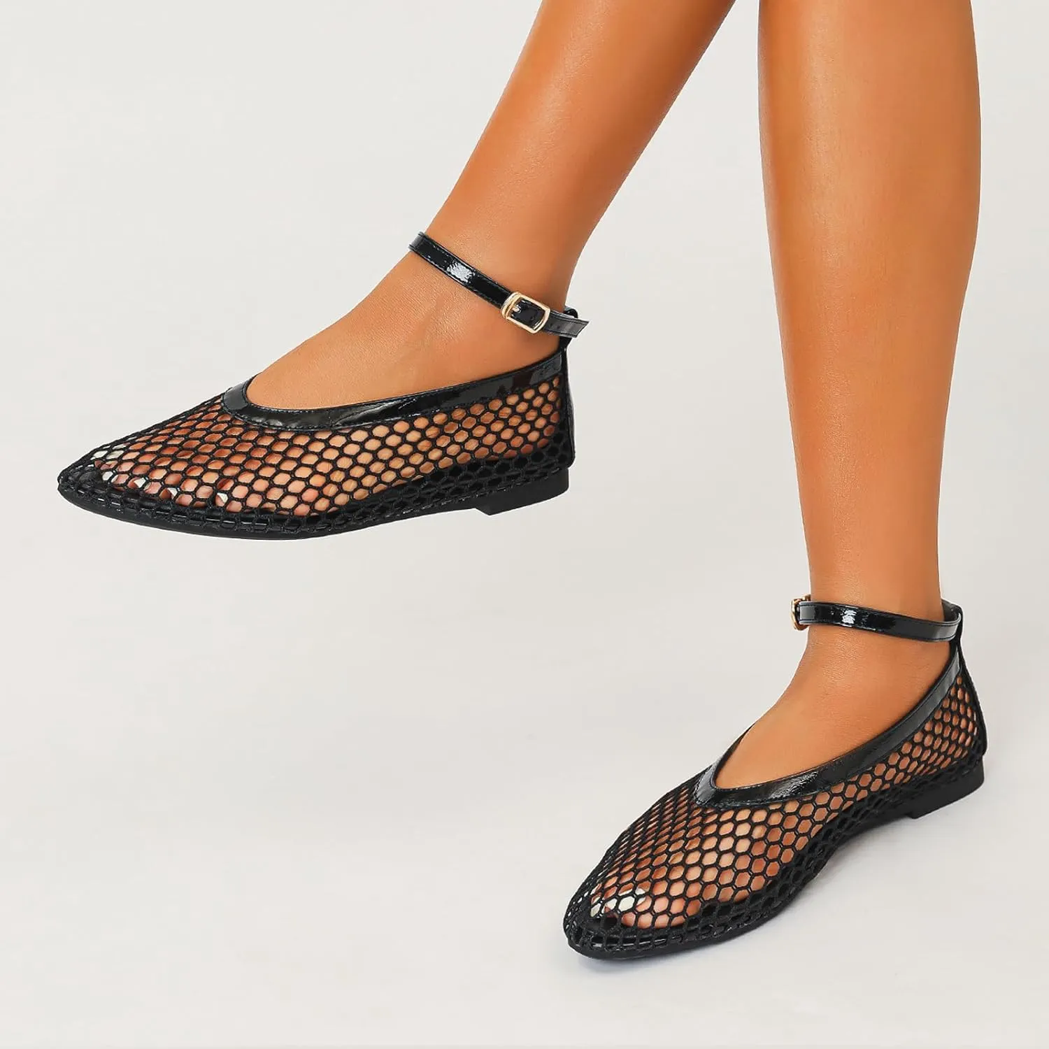 Mesh Ballet Flats for Women Round Toe Ankle Strap Comfy Casual Fishnet Mary Jane Flats Womens Summer Shoes