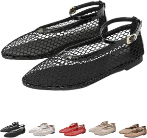 Mesh Ballet Flats for Women Round Toe Ankle Strap Comfy Casual Fishnet Mary Jane Flats Womens Summer Shoes
