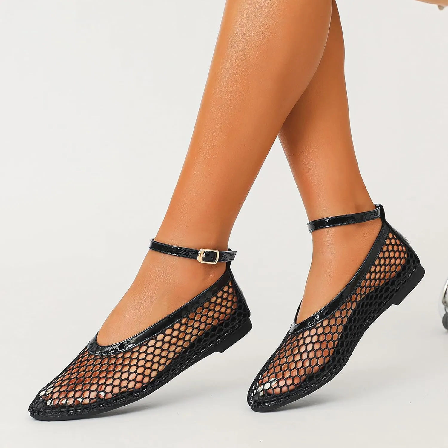 Mesh Ballet Flats for Women Round Toe Ankle Strap Comfy Casual Fishnet Mary Jane Flats Womens Summer Shoes