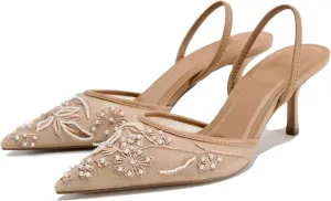 Mesh Heels for Women Mules with Flower Embroidery Pearl Decoration Fashionable Pointed Toe Stiletto Heel Comfortable for Dating and Wedding Shoes