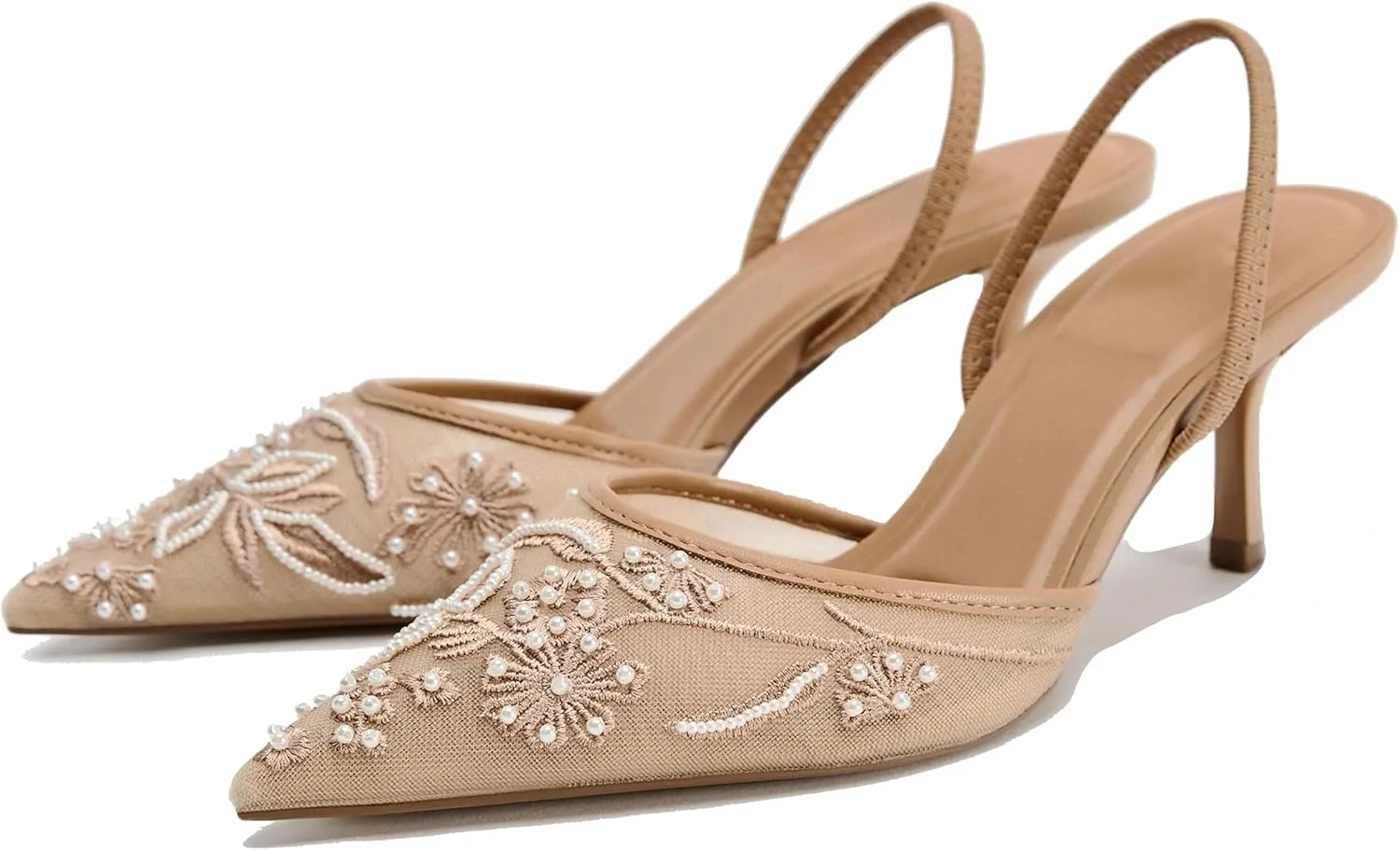Mesh Heels for Women Mules with Flower Embroidery Pearl Decoration Fashionable Pointed Toe Stiletto Heel Comfortable for Dating and Wedding Shoes