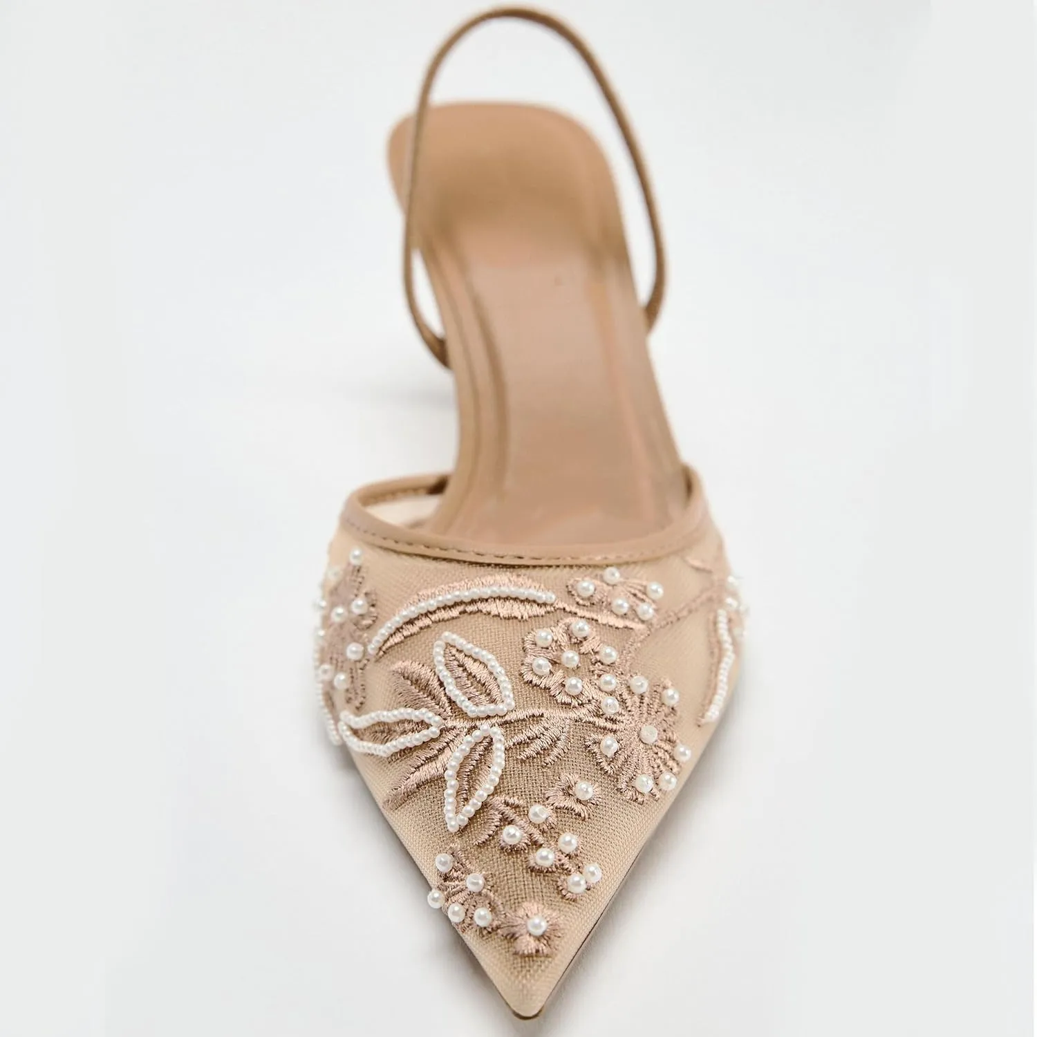 Mesh Heels for Women Mules with Flower Embroidery Pearl Decoration Fashionable Pointed Toe Stiletto Heel Comfortable for Dating and Wedding Shoes