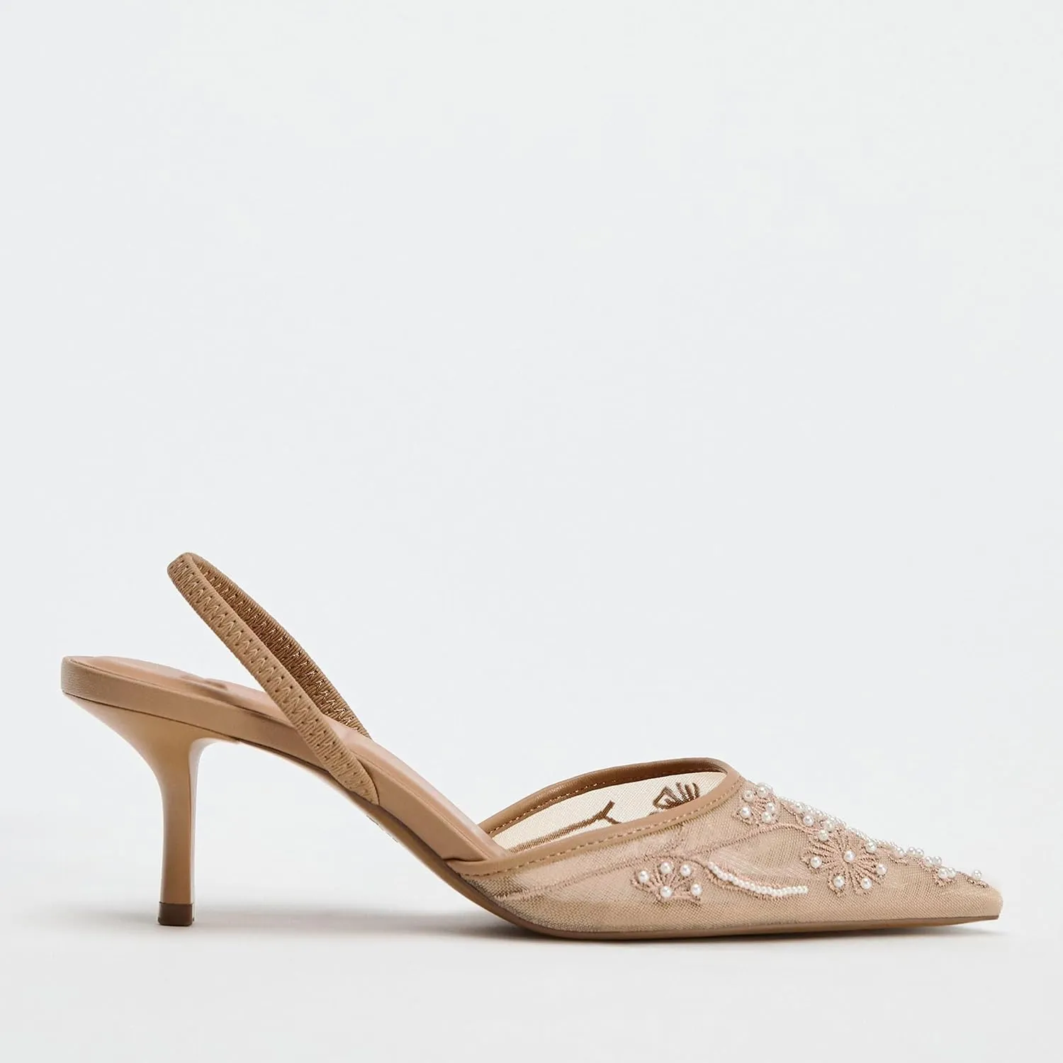 Mesh Heels for Women Mules with Flower Embroidery Pearl Decoration Fashionable Pointed Toe Stiletto Heel Comfortable for Dating and Wedding Shoes