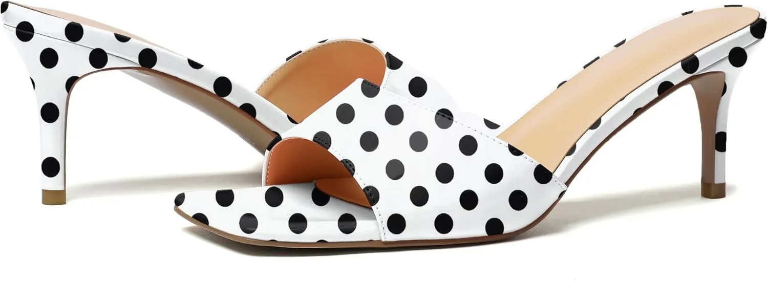 Mettesally Women’s Kitten Mid Heel Mules Square Open Toe Heeled Slippers Slip-on Backless Sandals Comfort Party Slides Shoes