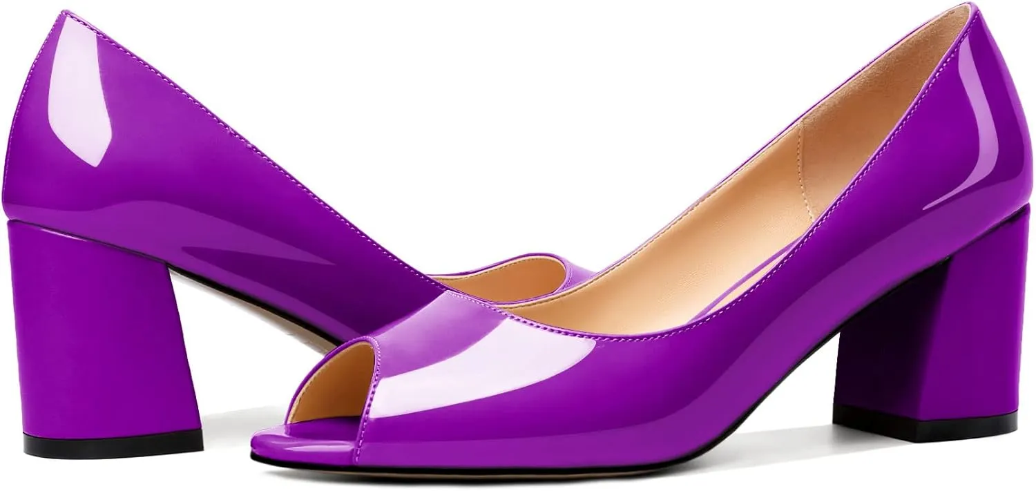 Mettesally Womens Peep Toe Pumps Low Chunky Heels Slip On Comfortable Open Toe Wedding Prom Dressy Shoes