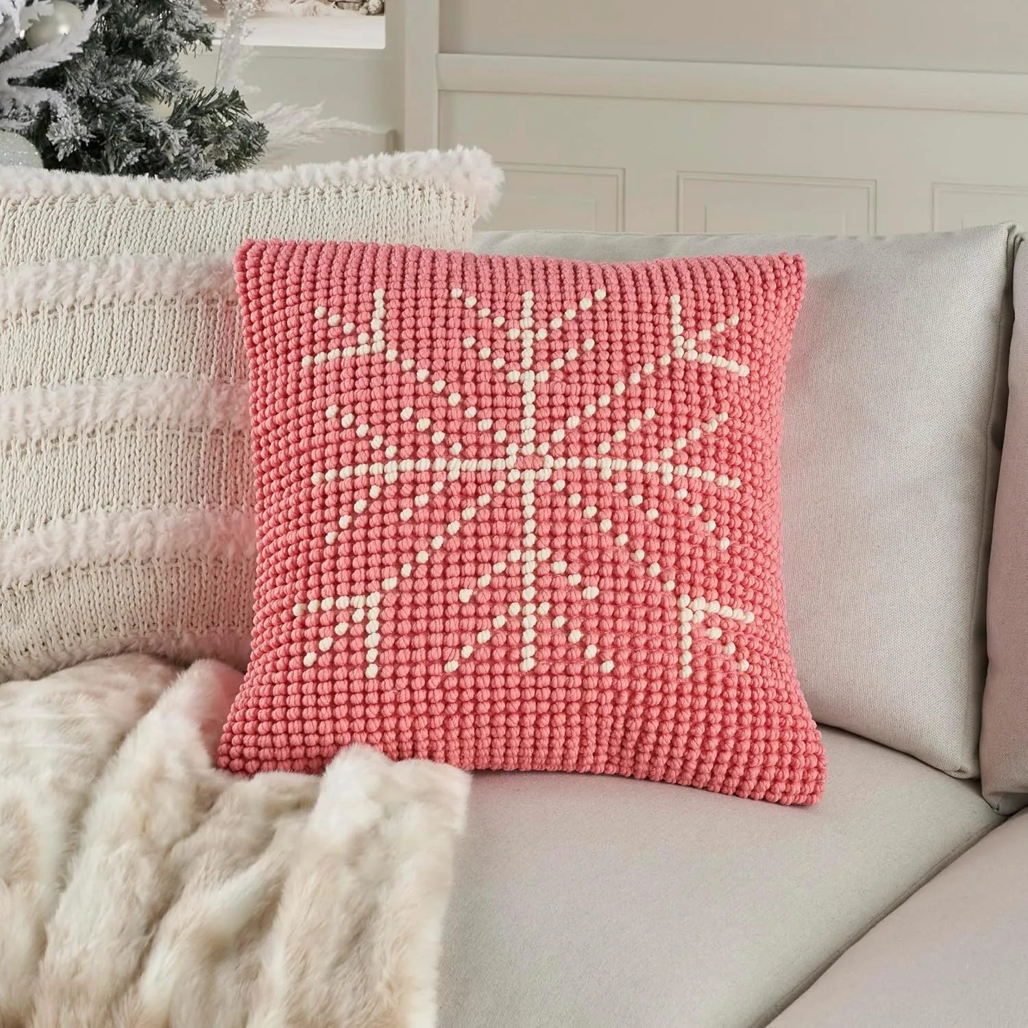 Mina Victory Holiday Throw Pillow, 20" x 20", Pink Ivory