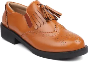MIOKE Women's Classic Retro Flat Oxford Shoes Slip On Wingtip Perforated Low Heel Vintage Oxfords Brogues