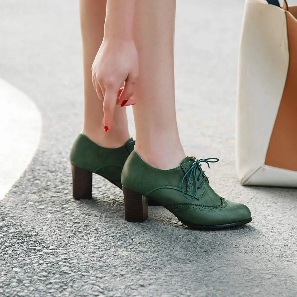 MIOKE Women's Lace Up Wingtip Pump Oxfords Brogues Perforated Chunky Block High Heel Vintage Dress Shoes