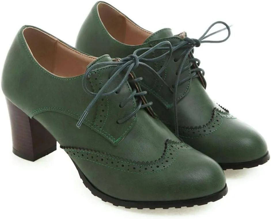 MIOKE Women's Lace Up Wingtip Pump Oxfords Brogues Perforated Chunky Block High Heel Vintage Dress Shoes