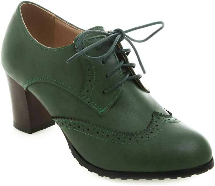 MIOKE Women's Lace Up Wingtip Pump Oxfords Brogues Perforated Chunky Block High Heel Vintage Dress Shoes