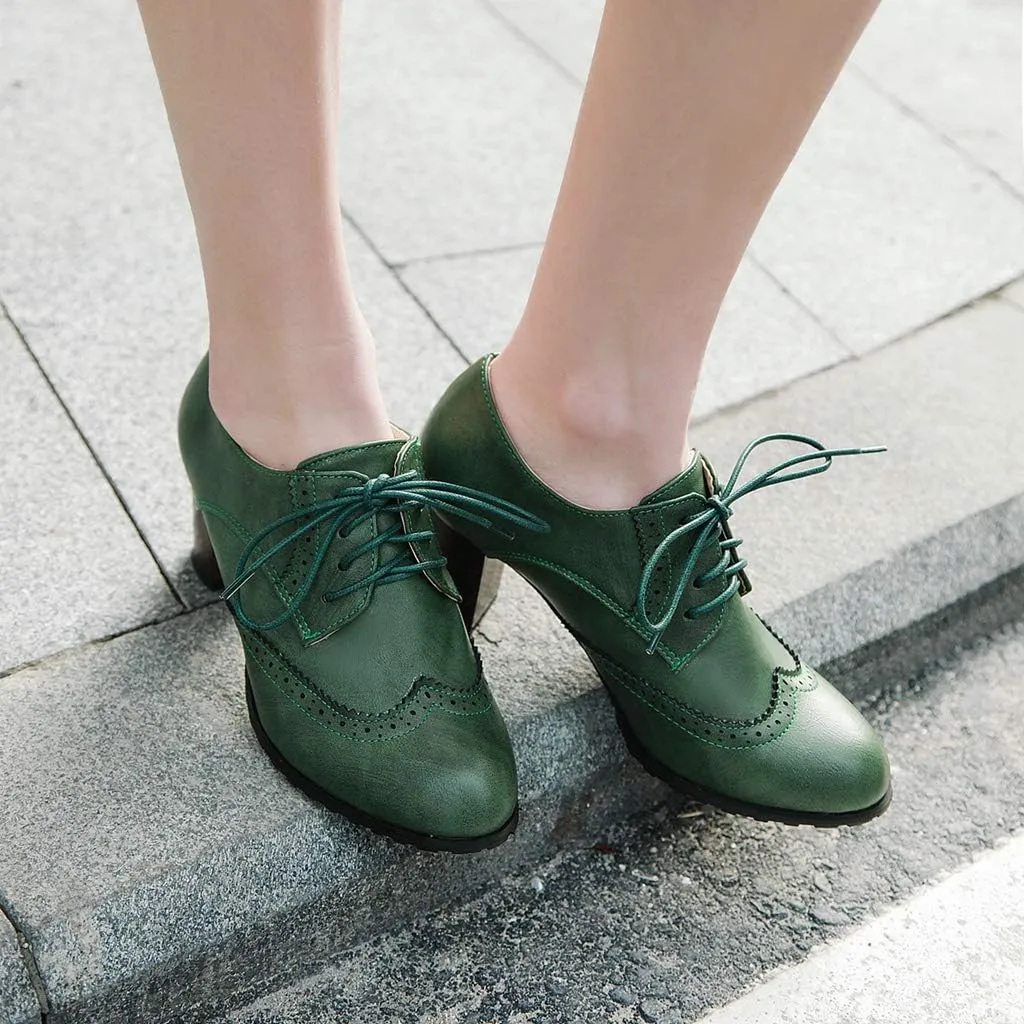 MIOKE Women's Lace Up Wingtip Pump Oxfords Brogues Perforated Chunky Block High Heel Vintage Dress Shoes