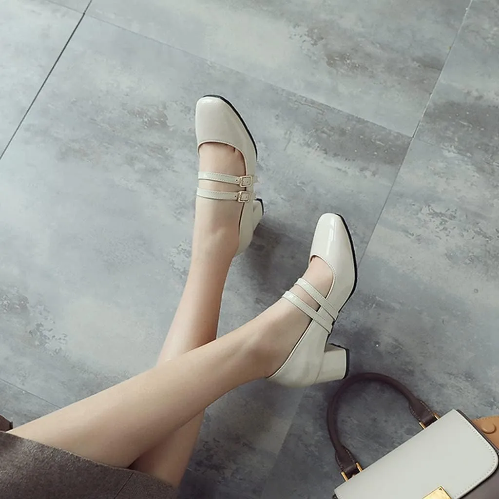 MIOKE Women's Mary Jane Pump Oxford Square Toe Patent Leather Buckle Strap Chunky Mid Heel Retro Dress Shoes