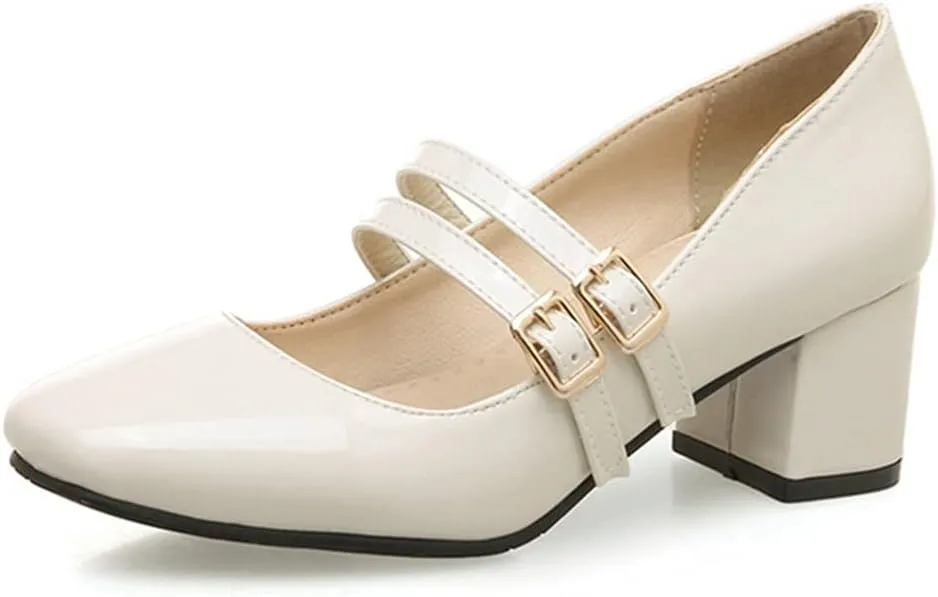 MIOKE Women's Mary Jane Pump Oxford Square Toe Patent Leather Buckle Strap Chunky Mid Heel Retro Dress Shoes