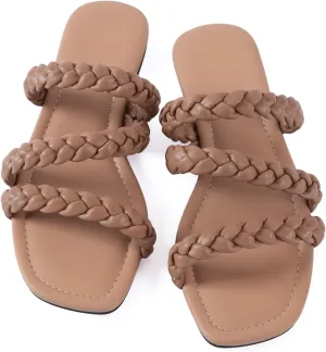 Mtzyoa Women's Sandals Casual Braided Dressy Summer Square Toe Quilted Flat Sandals