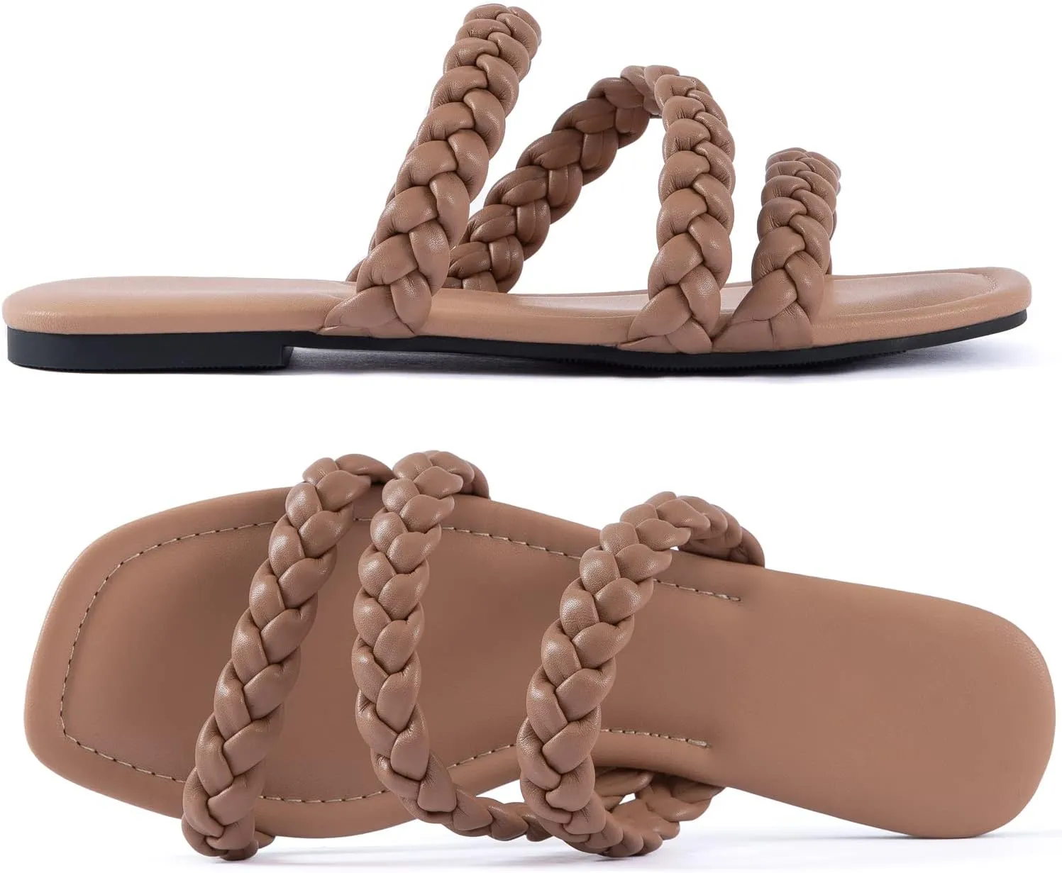 Mtzyoa Women's Sandals Casual Braided Dressy Summer Square Toe Quilted Flat Sandals