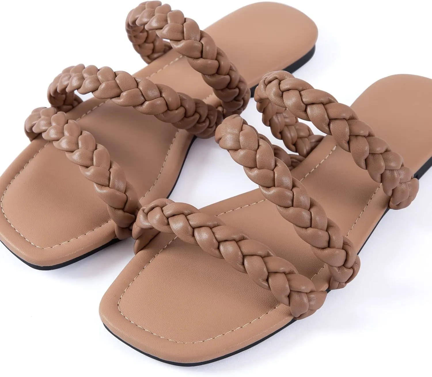 Mtzyoa Women's Sandals Casual Braided Dressy Summer Square Toe Quilted Flat Sandals