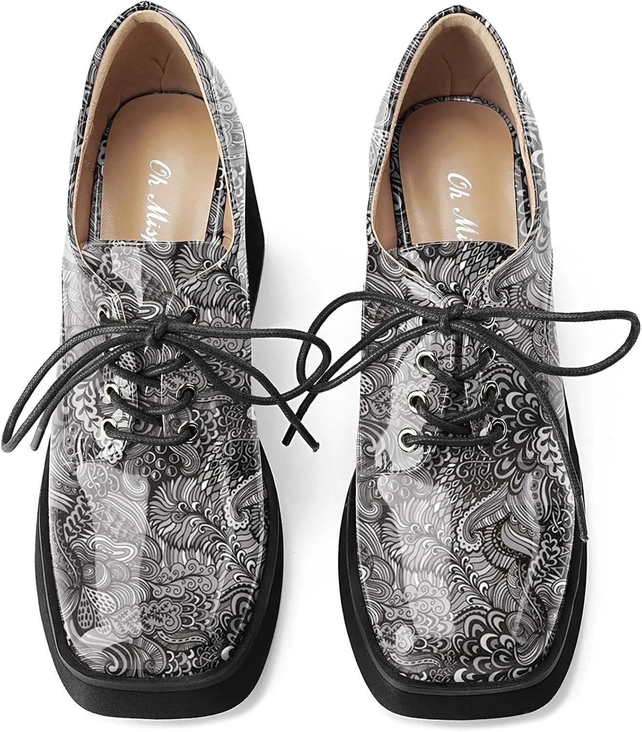 Oh Mispares Women's Chunky Heeled Oxfords Square Toe Platform Oxford Shoes for Women Lace-up Patent Leather Shoes Comfortable Business Dress Pump Shoes for Work