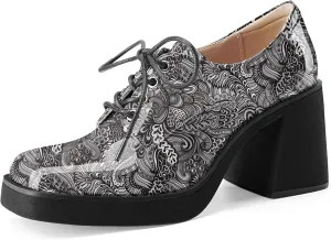 Oh Mispares Women's Chunky Heeled Oxfords Square Toe Platform Oxford Shoes for Women Lace-up Patent Leather Shoes Comfortable Business Dress Pump Shoes for Work
