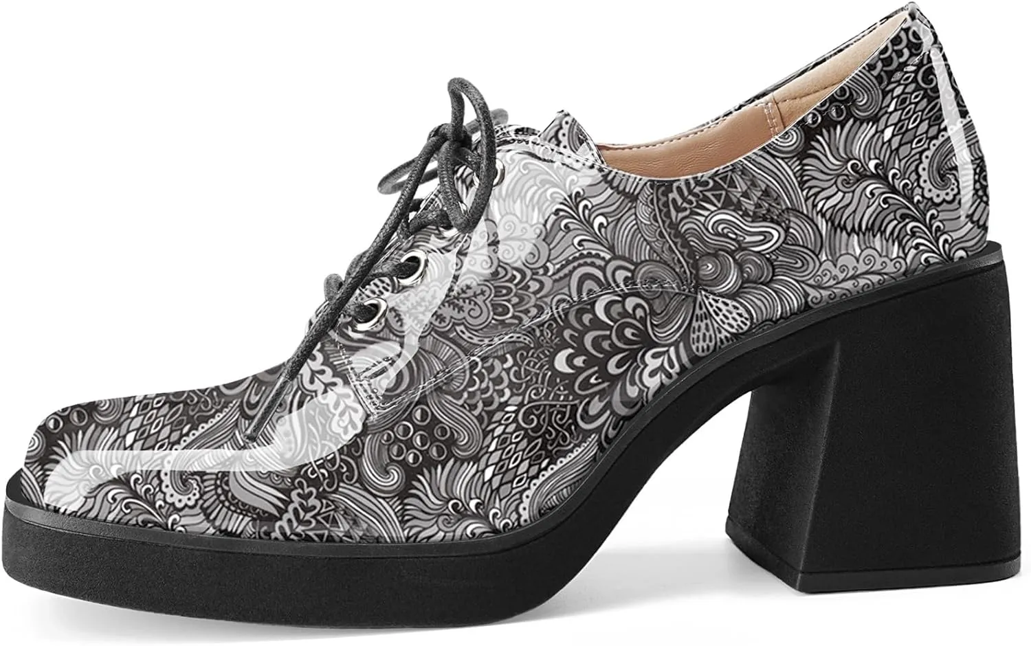 Oh Mispares Women's Chunky Heeled Oxfords Square Toe Platform Oxford Shoes for Women Lace-up Patent Leather Shoes Comfortable Business Dress Pump Shoes for Work