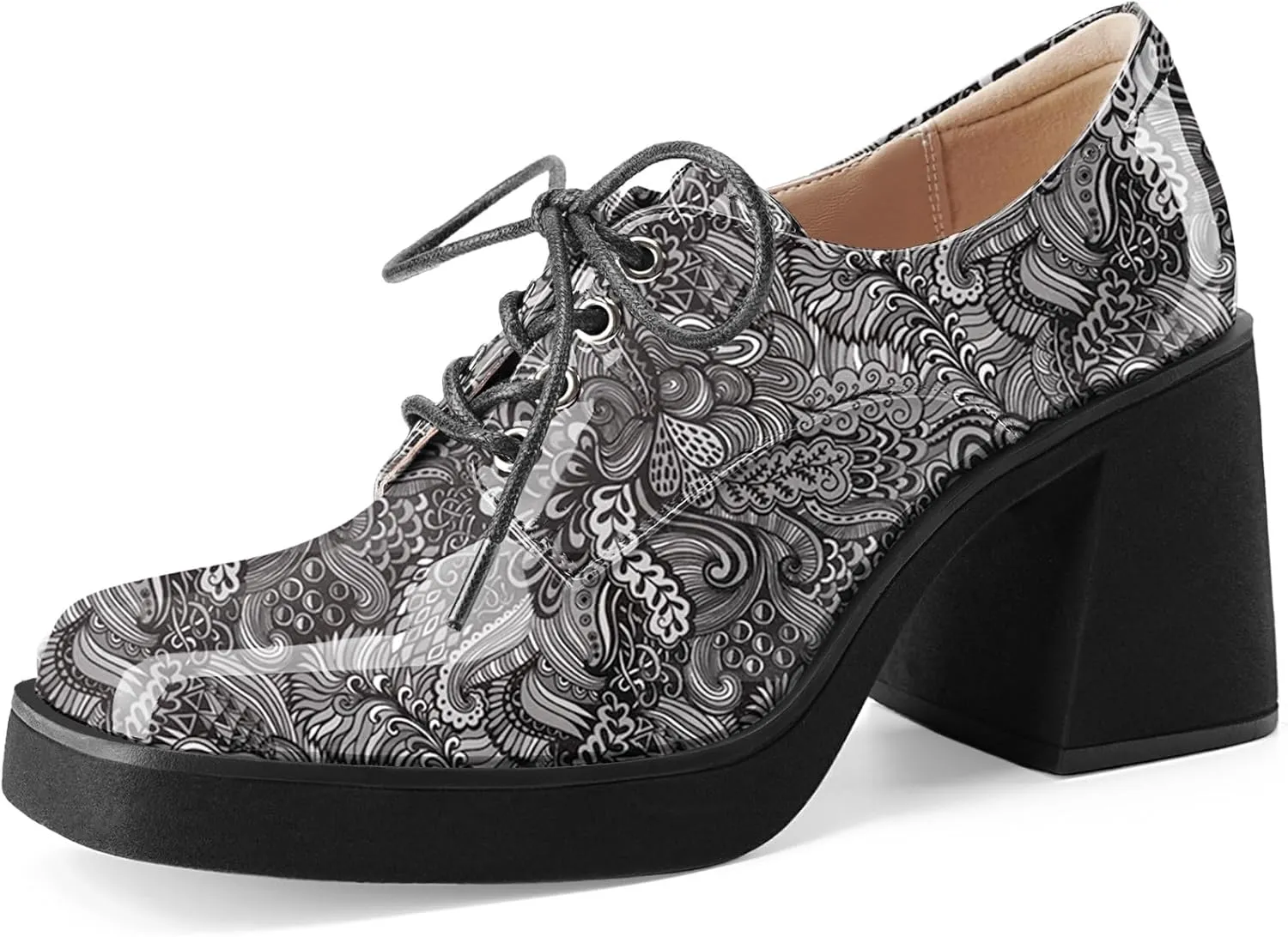 Oh Mispares Women's Chunky Heeled Oxfords Square Toe Platform Oxford Shoes for Women Lace-up Patent Leather Shoes Comfortable Business Dress Pump Shoes for Work