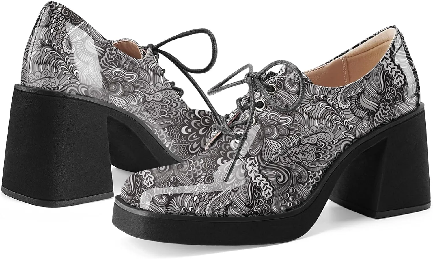 Oh Mispares Women's Chunky Heeled Oxfords Square Toe Platform Oxford Shoes for Women Lace-up Patent Leather Shoes Comfortable Business Dress Pump Shoes for Work