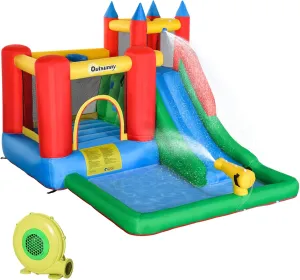 Outsunny 6-in-1 Kids Bounce House Inflatable Water Slide with Pool, Water Cannon, Climbing Wall, Inflator Included, Jumping Castle Kids Backyard Activity Outdoor Water Play Toy