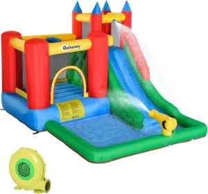 Outsunny 6-in-1 Kids Bounce House Inflatable Water Slide with Pool, Water Cannon, Climbing Wall, Inflator Included, Jumping Castle Kids Backyard Activity Outdoor Water Play Toy