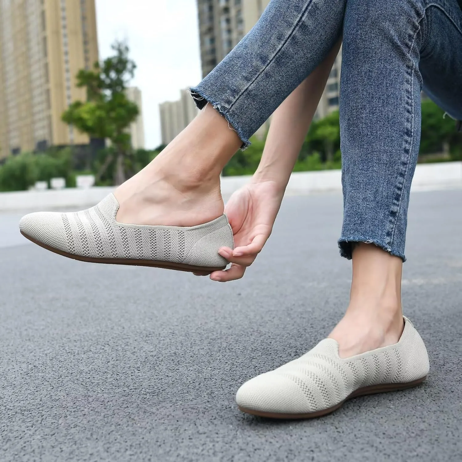 poemlady Women’s Ballet Flat Shoes Dress Shoes Knit Round Toe Slip On Ballerina Walking Flats Shoes for Woman Low Wedge Casual